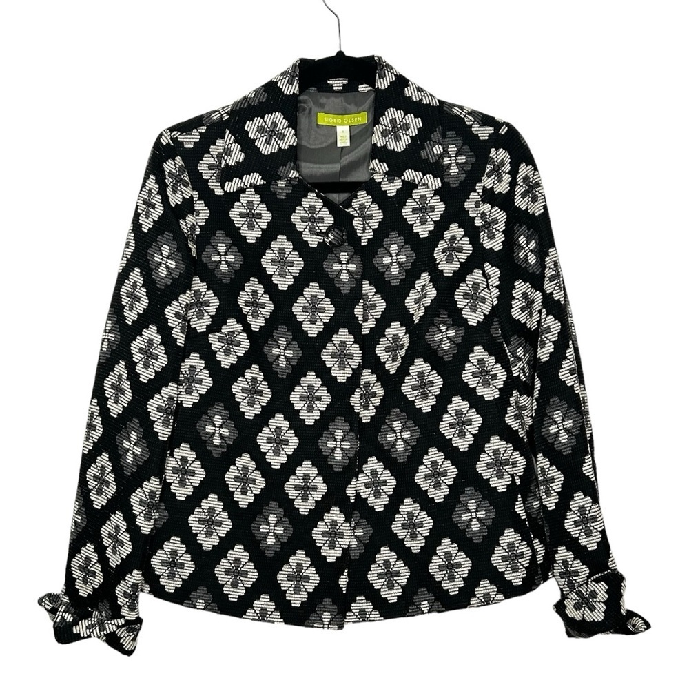 Sigrid Olsen Black/White/Gray Floral Textured Career Blazer Sz 6